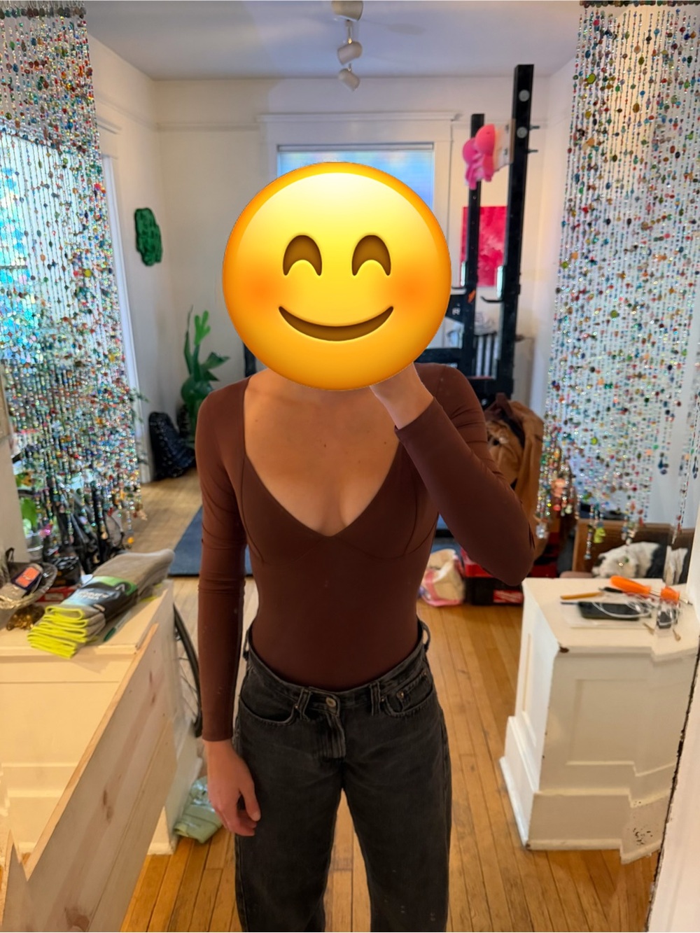 V-Neck Long Sleeve Brown Bodysuit